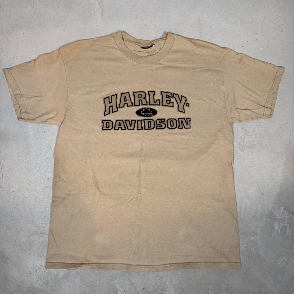 Vintage 1998 Harley Davidson T-Shirt Tan Flocked Logo Traverse City MI Mens L
